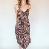BO Tie bust Midi Dress in black brown zebra stripe - spaghetti straps, pockets and side slits
