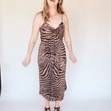 BO Tie bust Midi Dress in black brown zebra stripe - spaghetti straps, pockets and side slits