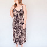 BO Tie bust Midi Dress in black brown zebra stripe - spaghetti straps, pockets and side slits