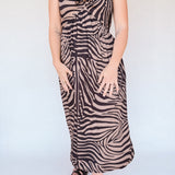 BO Tie bust Midi Dress in black brown zebra stripe - spaghetti straps, pockets and side slits