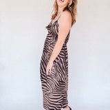 BO Tie bust Midi Dress in black brown zebra stripe - spaghetti straps, pockets and side slits