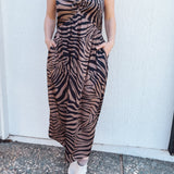 BO Tie bust Midi Dress in black brown zebra stripe - spaghetti straps, pockets and side slits