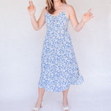 BO Tie bust Midi Dress in Blue Floral - spaghetti straps, pockets and side slits