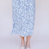 BO Tie bust Midi Dress in Blue Floral - spaghetti straps, pockets and side slits