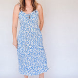 BO Tie bust Midi Dress in Blue Floral - spaghetti straps, pockets and side slits