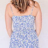 BO Tie bust Midi Dress in Blue Floral - spaghetti straps, pockets and side slits