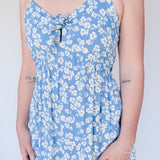 BO Tie bust Midi Dress in Blue Floral - spaghetti straps, pockets and side slits
