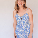 BO Tie bust Midi Dress in Blue Floral - spaghetti straps, pockets and side slits