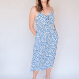 BO Tie bust Midi Dress in Blue Floral - spaghetti straps, pockets and side slits