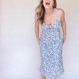 BO Tie bust Midi Dress in Blue Floral - spaghetti straps, pockets and side slits