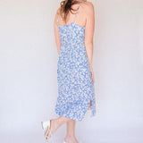 BO Tie bust Midi Dress in Blue Floral - spaghetti straps, pockets and side slits