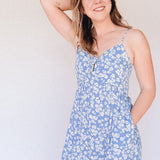 BO Tie bust Midi Dress in Blue Floral - spaghetti straps, pockets and side slits