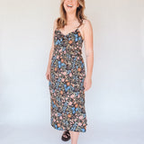 BO Tie bust Midi Dress in Multi Garden Floral - spaghetti straps, pockets and side slits