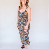 BO Tie bust Midi Dress in Multi Garden Floral - spaghetti straps, pockets and side slits