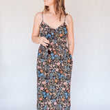 BO Tie bust Midi Dress in Multi Garden Floral - spaghetti straps, pockets and side slits