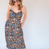 BO Tie bust Midi Dress in Multi Garden Floral - spaghetti straps, pockets and side slits