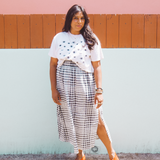 DAWN- Plaid gingham multi elastic channel midi skirt with slit and pockets