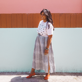 DAWN- Plaid gingham multi elastic channel midi skirt with slit and pockets