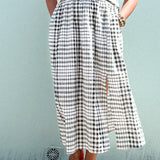 DAWN- Plaid gingham multi elastic channel midi skirt with slit and pockets