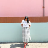 DAWN- Plaid gingham multi elastic channel midi skirt with slit and pockets