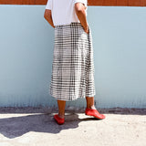 DAWN- Plaid gingham multi elastic channel midi skirt with slit and pockets