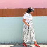 DAWN- Plaid gingham multi elastic channel midi skirt with slit and pockets