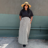 DAWN- Olive & Ivory stripe multi elastic channel midi skirt with slit and pockets