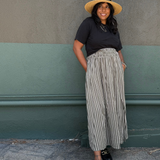 DAWN- Olive & Ivory stripe multi elastic channel midi skirt with slit and pockets