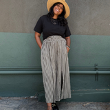 DAWN- Olive & Ivory stripe multi elastic channel midi skirt with slit and pockets