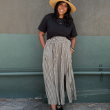 DAWN- Olive & Ivory stripe multi elastic channel midi skirt with slit and pockets