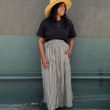 DAWN- Olive & Ivory stripe multi elastic channel midi skirt with slit and pockets