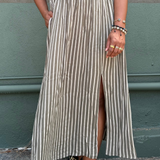 DAWN- Olive & Ivory stripe multi elastic channel midi skirt with slit and pockets