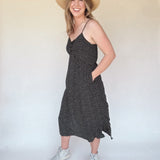 BO Tie bust Midi Dress in black white polka dot - spaghetti straps, pockets and side slits