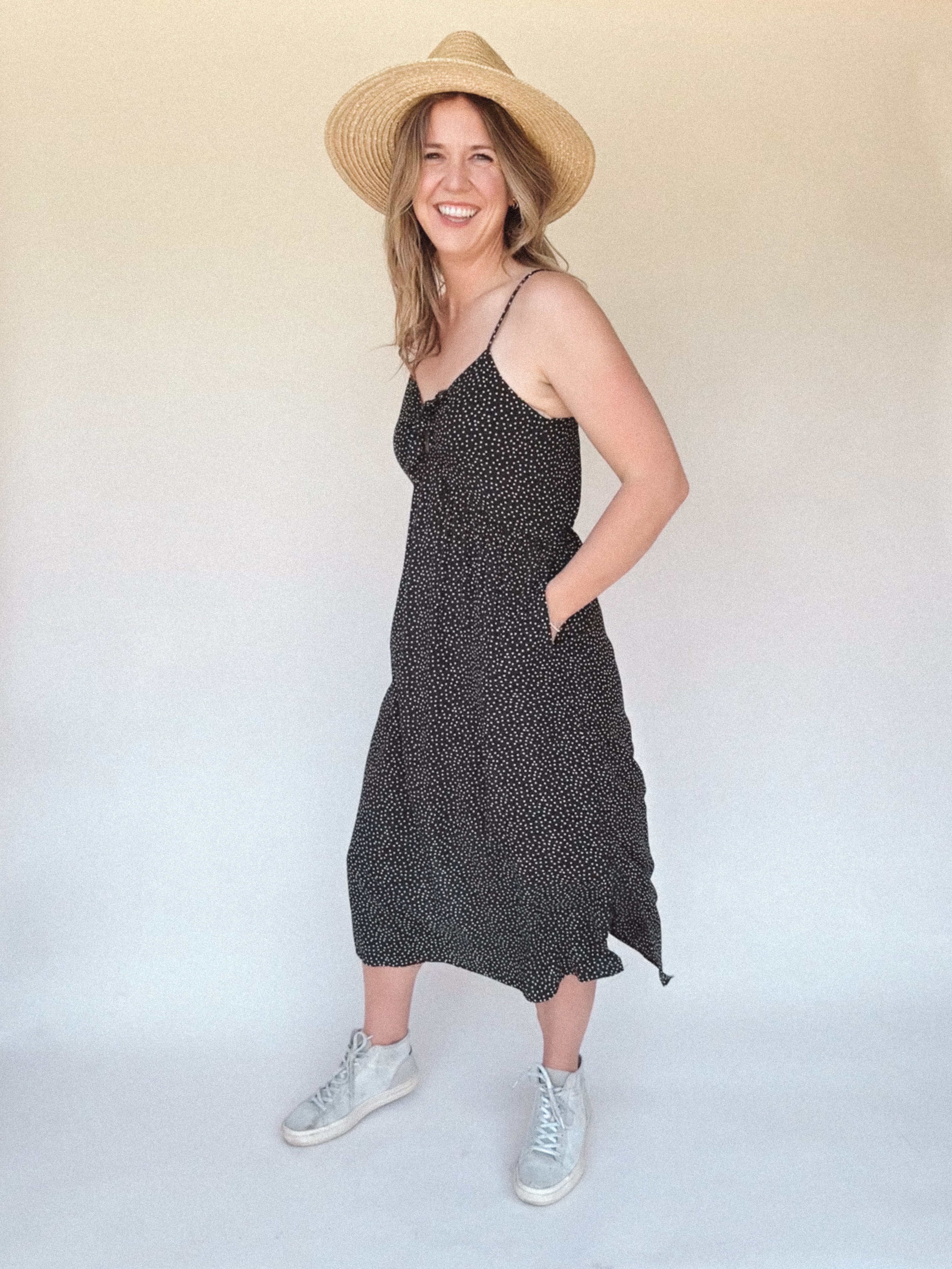 Bo Tie Bust Midi Dress in Black White Polka Dot - Spaghetti Straps, Pockets and Side Slits L Bo Tie Bust Midi Dress in Black White Polka Dot - Spaghetti Straps, Pockets and Side Slits L