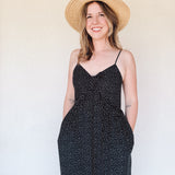 BO Tie bust Midi Dress in black white polka dot - spaghetti straps, pockets and side slits