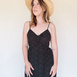 BO Tie bust Midi Dress in black white polka dot - spaghetti straps, pockets and side slits