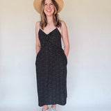 BO Tie bust Midi Dress in black white polka dot - spaghetti straps, pockets and side slits