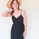 BO Tie bust Midi Dress in black white polka dot - spaghetti straps, pockets and side slits