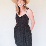 BO Tie bust Midi Dress in black white polka dot - spaghetti straps, pockets and side slits