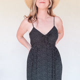 BO Tie bust Midi Dress in black white polka dot - spaghetti straps, pockets and side slits