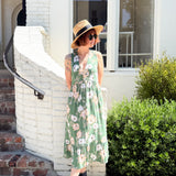 Leah Green Floral button- up,V-neck Midi Dress with hem ruffle – Sleeveless, Button-Up, Deadstock Rayon