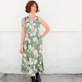 Leah Green Floral button- up,V-neck Midi Dress with hem ruffle – Sleeveless, Button-Up, Deadstock Rayon