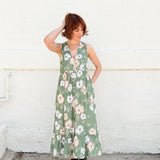 Leah Green Floral button- up,V-neck Midi Dress with hem ruffle – Sleeveless, Button-Up, Deadstock Rayon