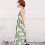 Leah Green Floral button- up,V-neck Midi Dress with hem ruffle – Sleeveless, Button-Up, Deadstock Rayon