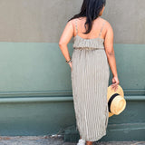 PALOMA- Olive & Ivory Stripe button front spaghetti strap Midi Dress -spaghetti straps, pockets and side slits (Copy)