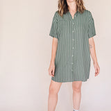 AVERY-Short Sleeve Button-Up Mini Shirt Dress Green stripe– Collared, Back Pleat & Pockets (Wear Two Ways)