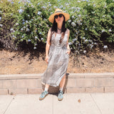 PALOMA- Gingham Plaid black & Ivory button front spaghetti strap Midi Dress -spaghetti straps, pockets and side slits