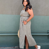 PALOMA- Olive & Ivory Stripe button front spaghetti strap Midi Dress -spaghetti straps, pockets and side slits (Copy)