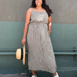 PALOMA- Olive & Ivory Stripe button front spaghetti strap Midi Dress -spaghetti straps, pockets and side slits (Copy)