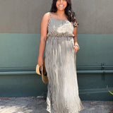 PALOMA- Olive & Ivory Stripe button front spaghetti strap Midi Dress -spaghetti straps, pockets and side slits (Copy)
